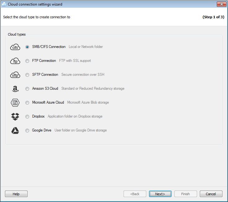 Options - Cloud connections - Wizard - Type