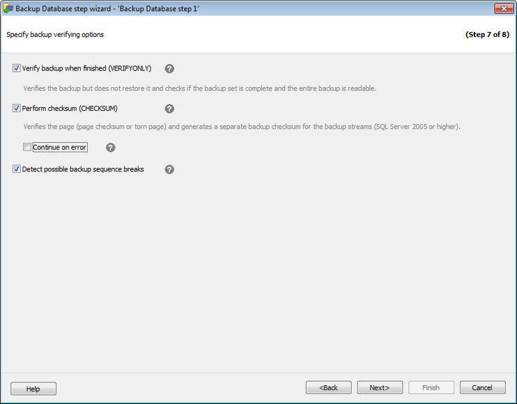 Service tasks - Backup Database - Specifying backup veryfying options