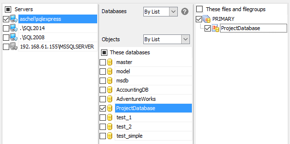 Service tasks - Backup Database - SQL Angel backup - Selecting filegroups