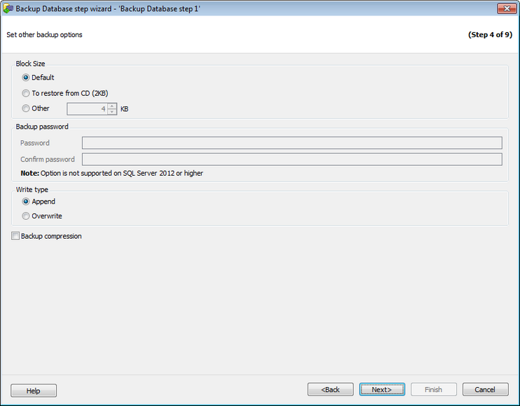 Service tasks - Backup Database - SQL Server backup - Setting backup options