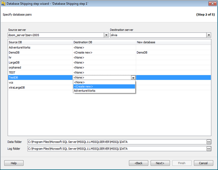 Service tasks - Database Shipping - Specifying database pairs