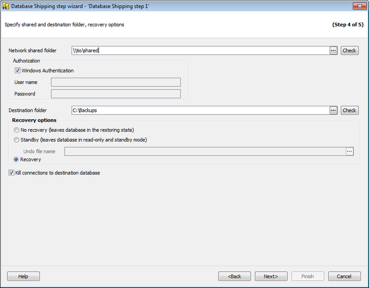 Service tasks - Database Shipping - Specifying folders and recovery options