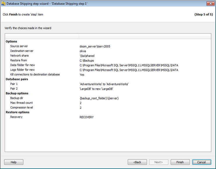 Service tasks - Database Shipping - Viewing summary information