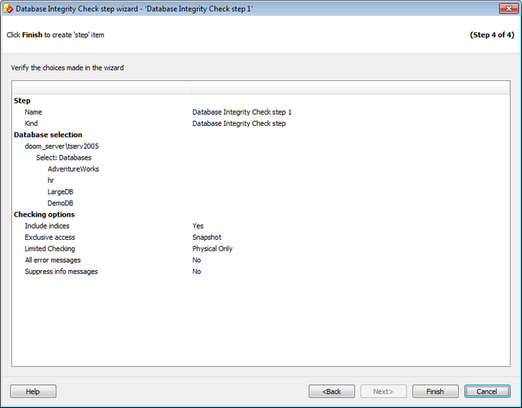 Service tasks - Datbase Integrity Check - Checking Integrity