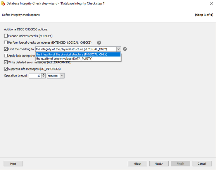 Service tasks - Datbase Integrity Check - Setting options