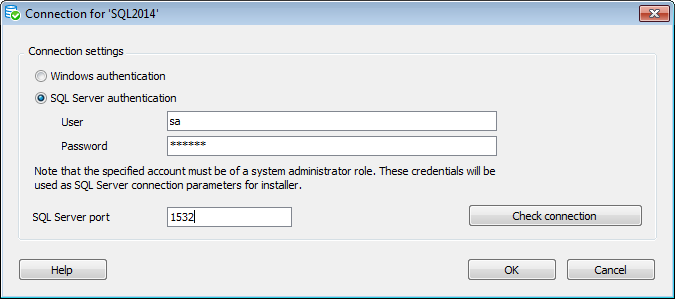 Stand-alone installer - Configuring service settings - Connection dialog