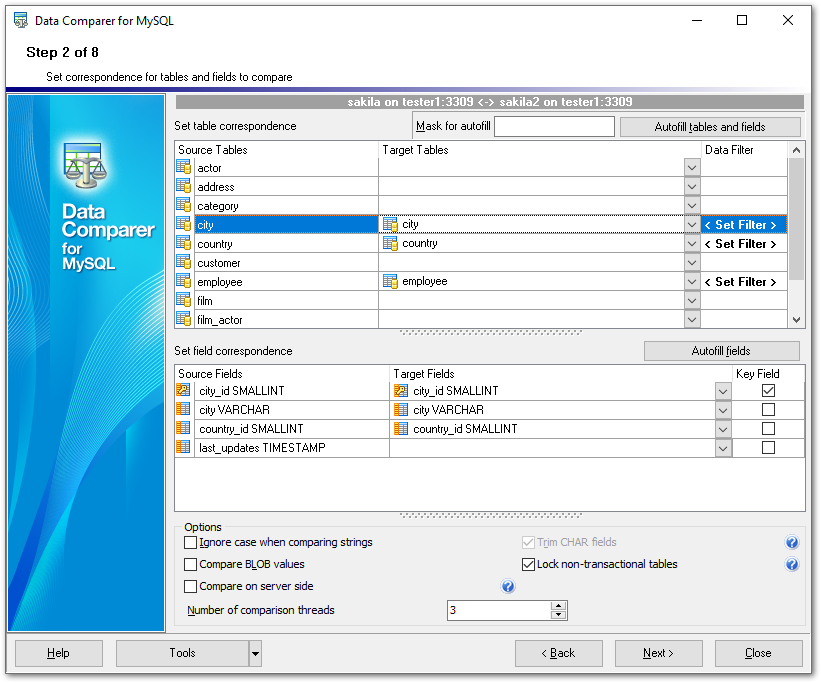 Step 2 - Setting tables and fields correspondence