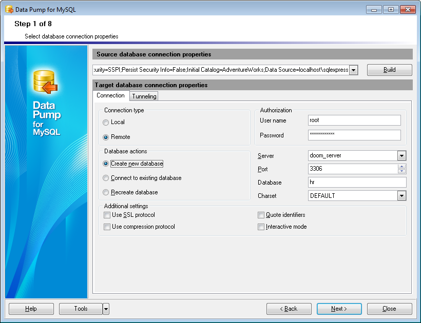 Step 1 - Setting connection properties