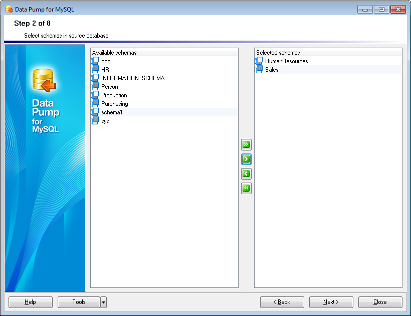 Step 2 - Selecting source schemas