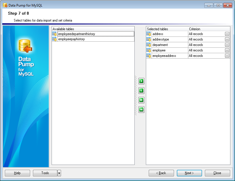 Step 7 - Selecting tables for data import