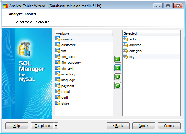 Analyze Tables - Selecting tables to be analyzed