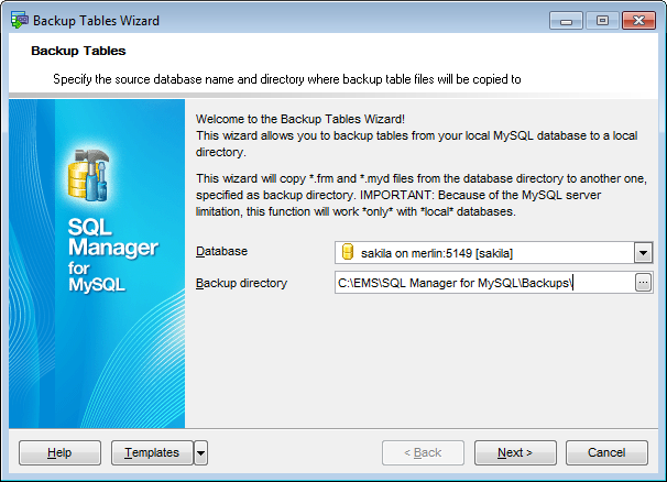 Backup Tables - Selecting database