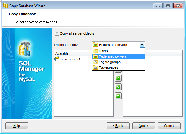 Copy Database Wizard - Selecting server objects to copy