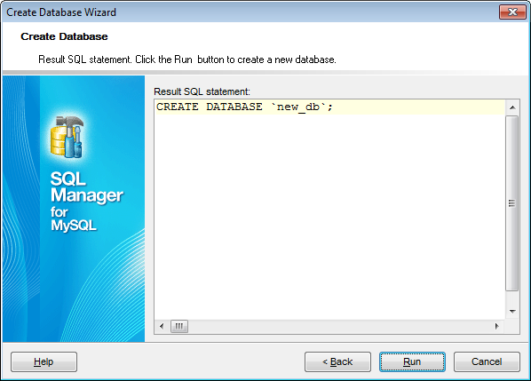 Create Database Wizard - Viewing result SQL statement