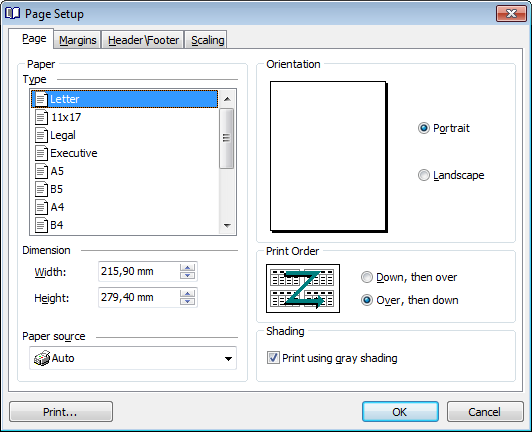 Data View - Print Data - Page Setup - Page