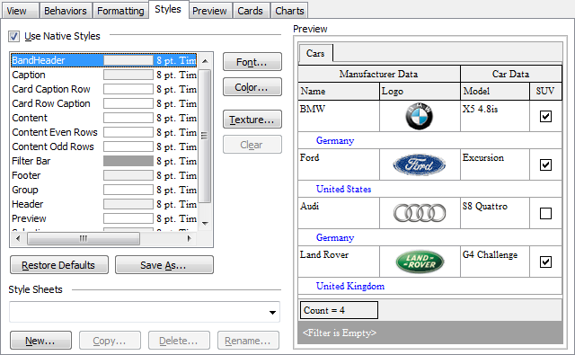 Data View - Print Data - Report Formatter - Styles