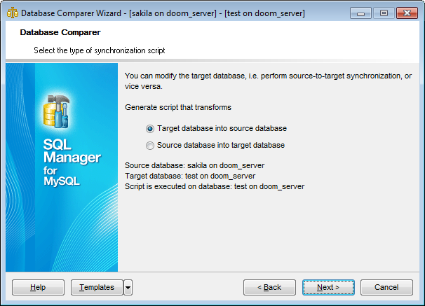 Database Comparer Wizard - Select the type of synchronization script