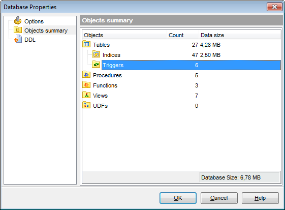 Database Properties - Objects summary