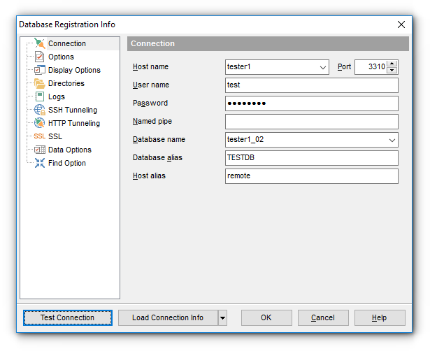 Database Registration Info - Editing connection properties