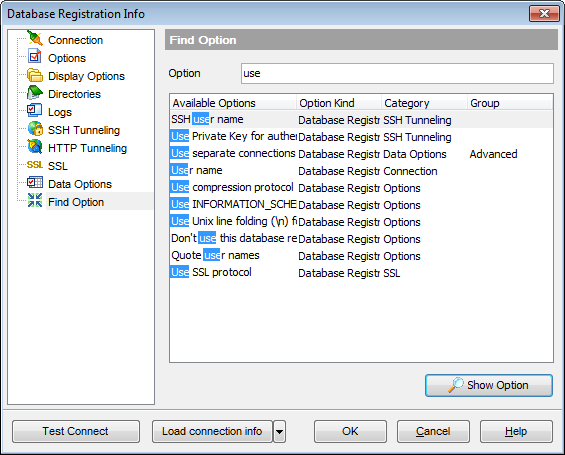 Database Registration Info - Find Option