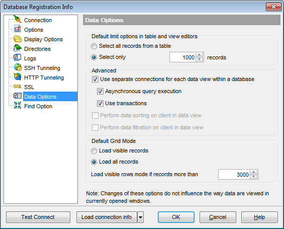 Database Registration Info - Setting data options