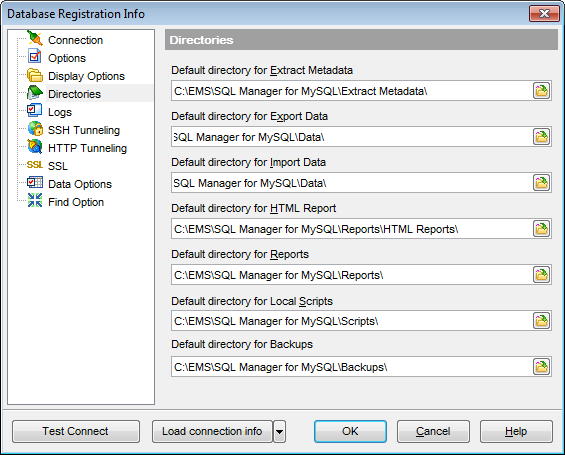 Database Registration Info - Setting default directories