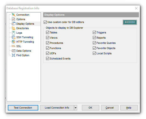 Database Registration Info - Setting display options