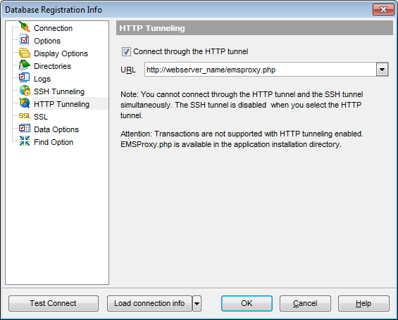 Database Registration Info - Setting HTTP tunnel options