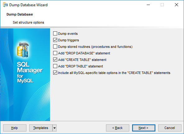 Dump database - Setting structure options