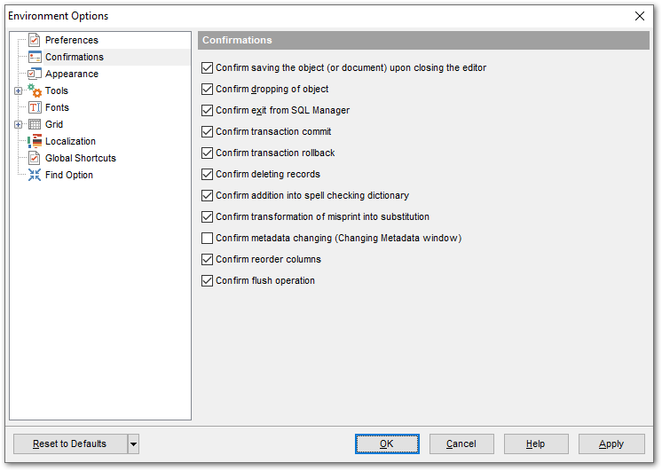 Environment Options - Confirmations