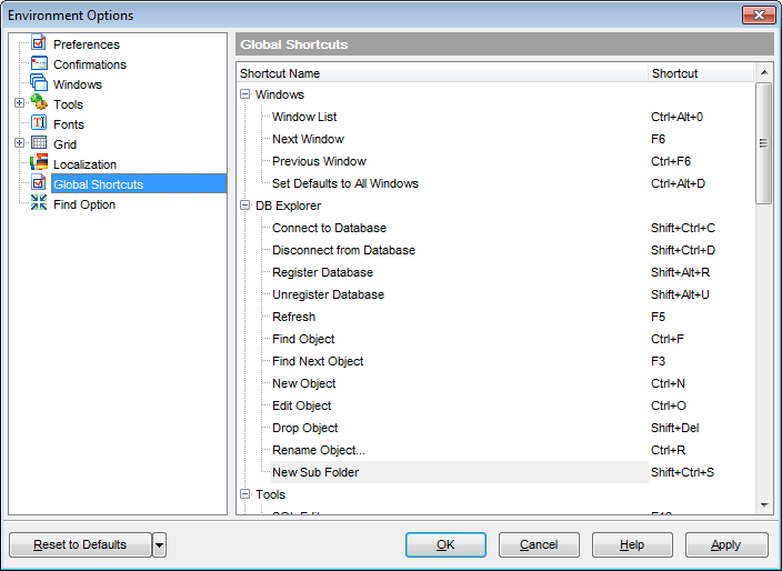 Environment Options - Global Shortcuts