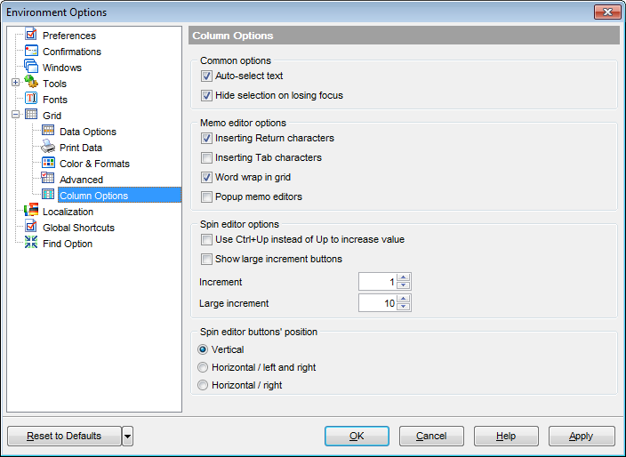 Environment Options - Grid - Column Options