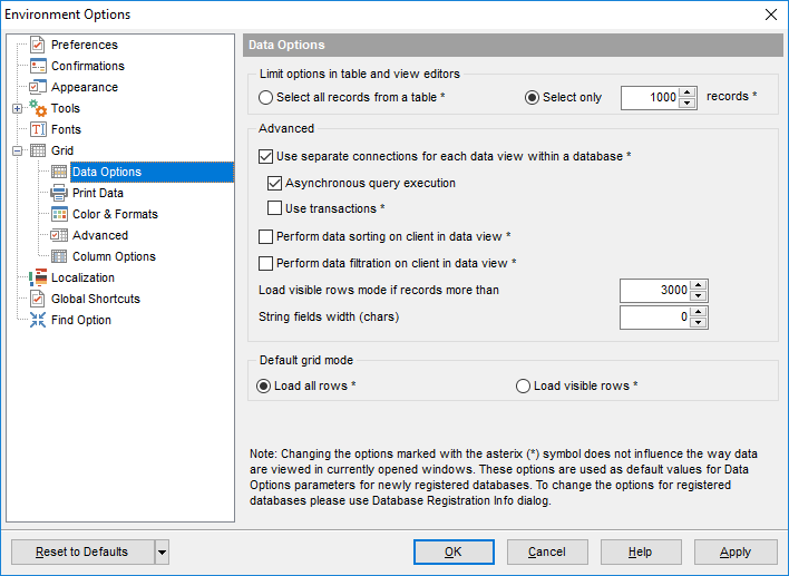 Environment Options - Grid - Data Options