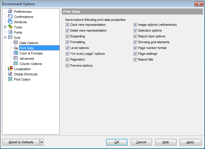 Environment Options - Grid - Print Data