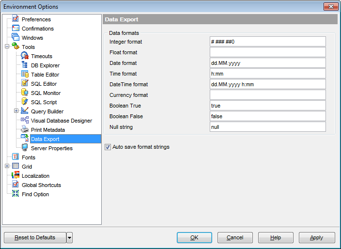 Environment Options - Tools - Data Export