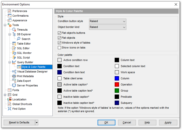 Environment Options - Tools - Query Builder - Style & Color