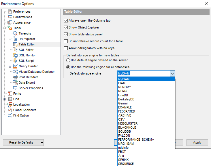 Environment Options - Tools - Table Editor