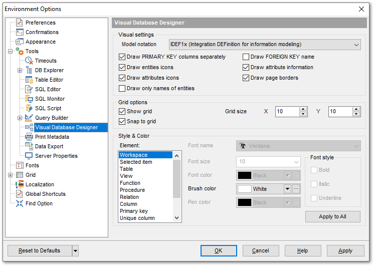 Environment Options - Tools - VDBD