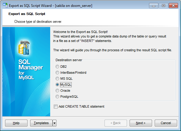 Export as SQL Script - Defining type of destination server