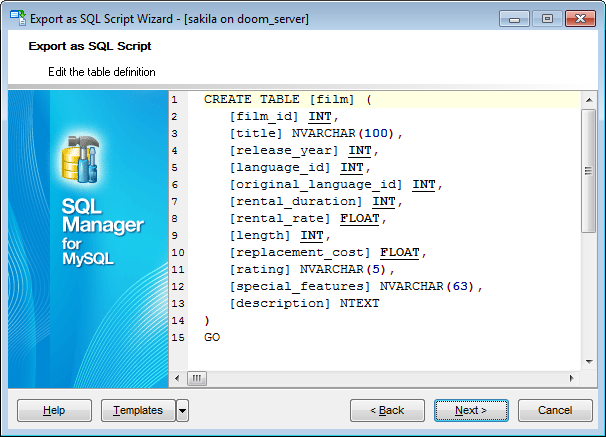 Export as SQL Script - Editing table definition