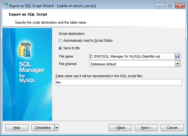 Export as SQL Script - Setting destination file name