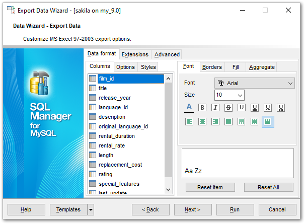 Export Data - Format-specific options - Excel