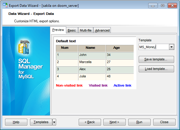 Export Data - Format-specific options - HTML