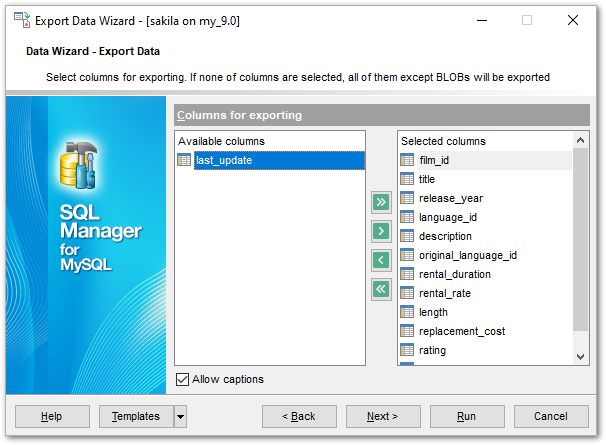 Export Data - Selecting fields for export