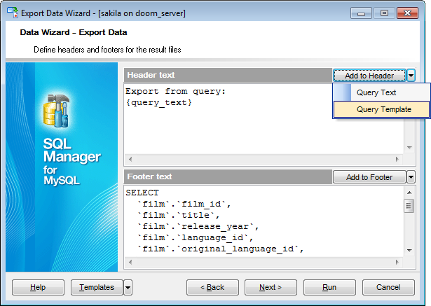 Export Data - Setting header and footer - Add to header and footer