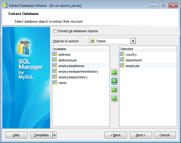 Extract Database - Selecting objects for structure extraction