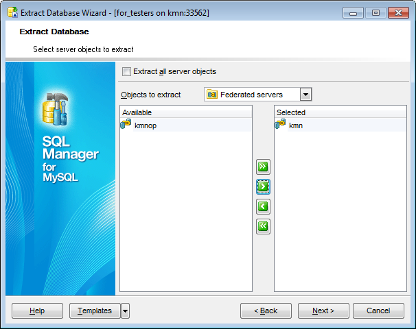 Extract Database - Selecting server objects for extraction
