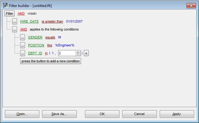 Filter Builder dialog - Applying filter conditions