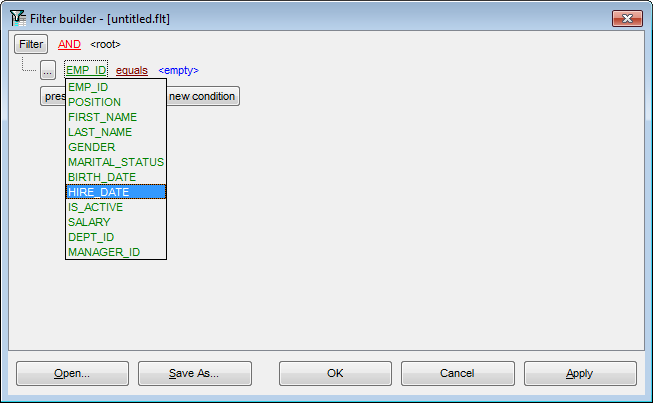 Filter Builder dialog - Setting filter criteria