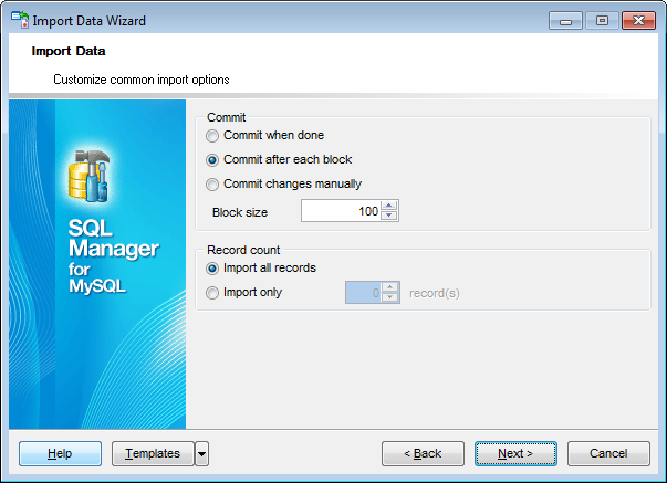 Import Data - Customizing common options